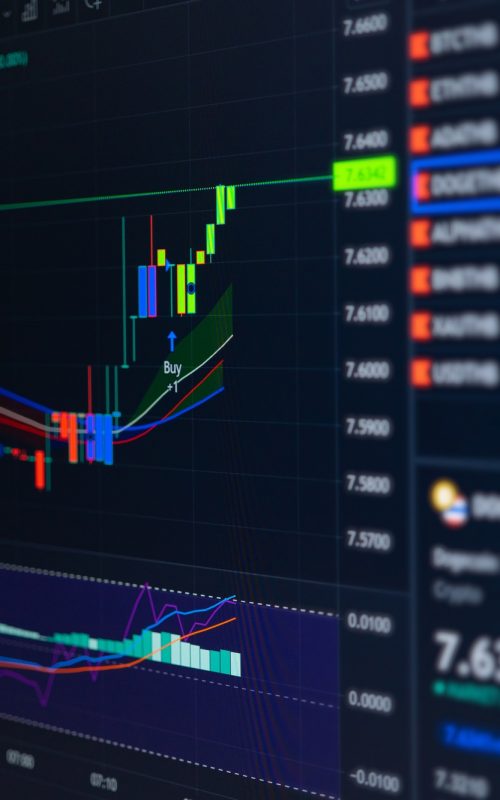 Digital graph chart diagrams of cryptocurrency, stock market or forex exchange on computer screen.